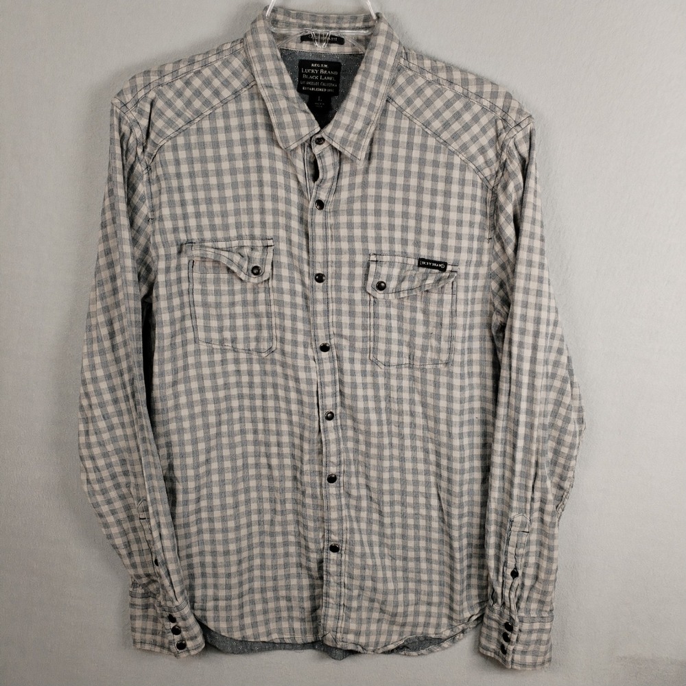 Lucky Brand Black Label California Fit Plaid Shirt Men's Large Western Snap Gray